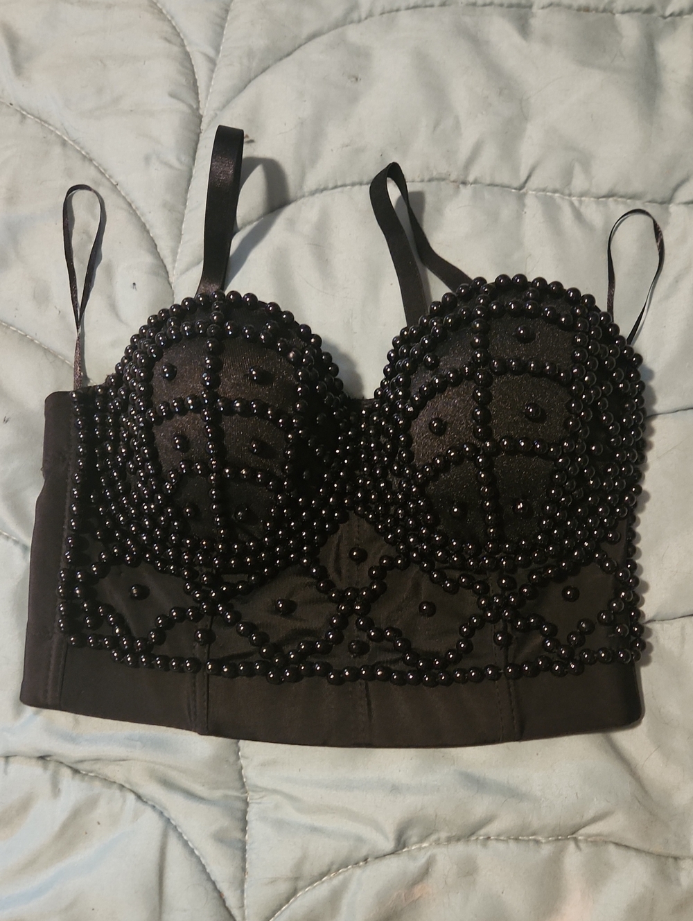 Black Beaded Longline Bustier Crop Top